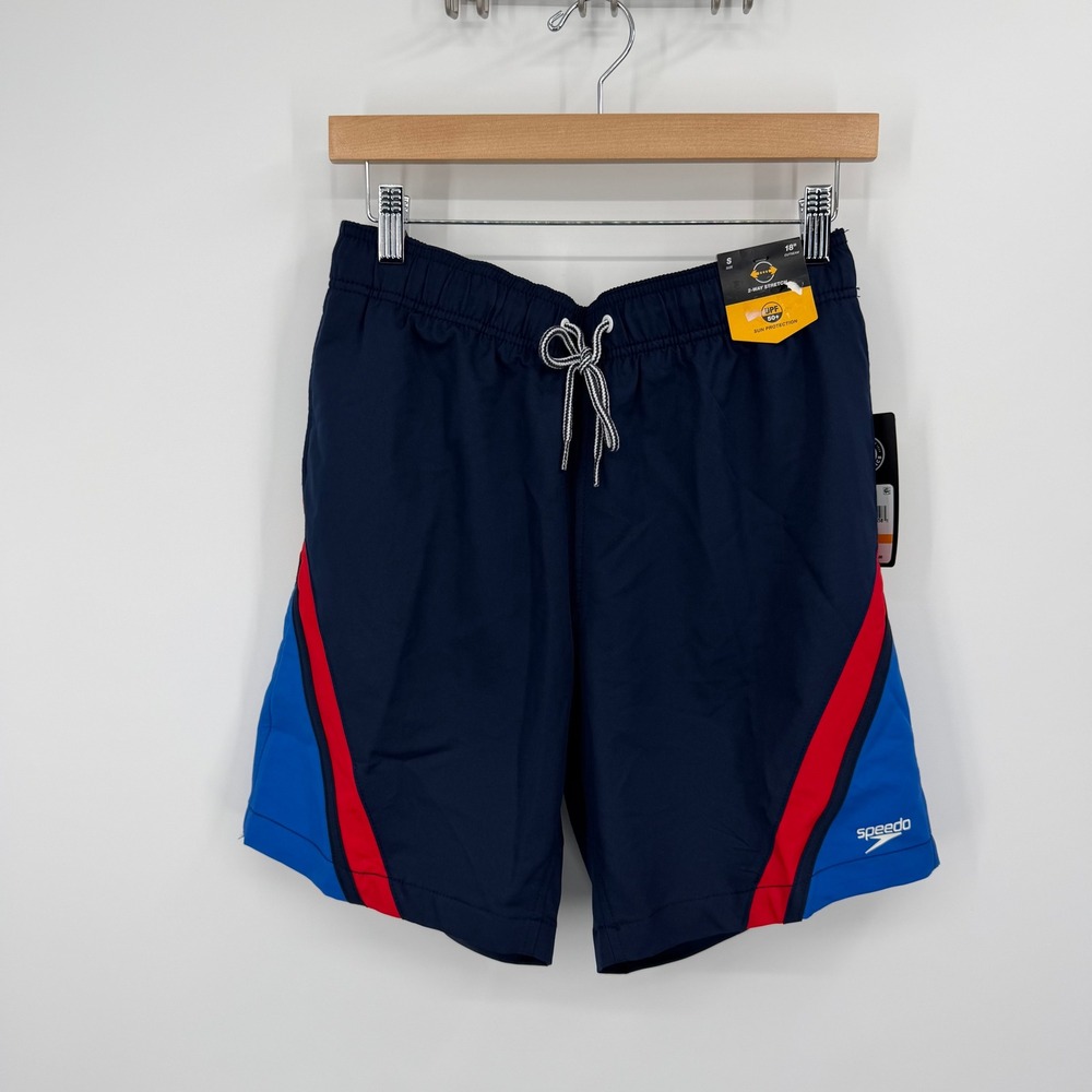 Speedo‎ Swim Trunks Mens Small Navy Blue Red Colorblock 7" Inseam UPF 50+
